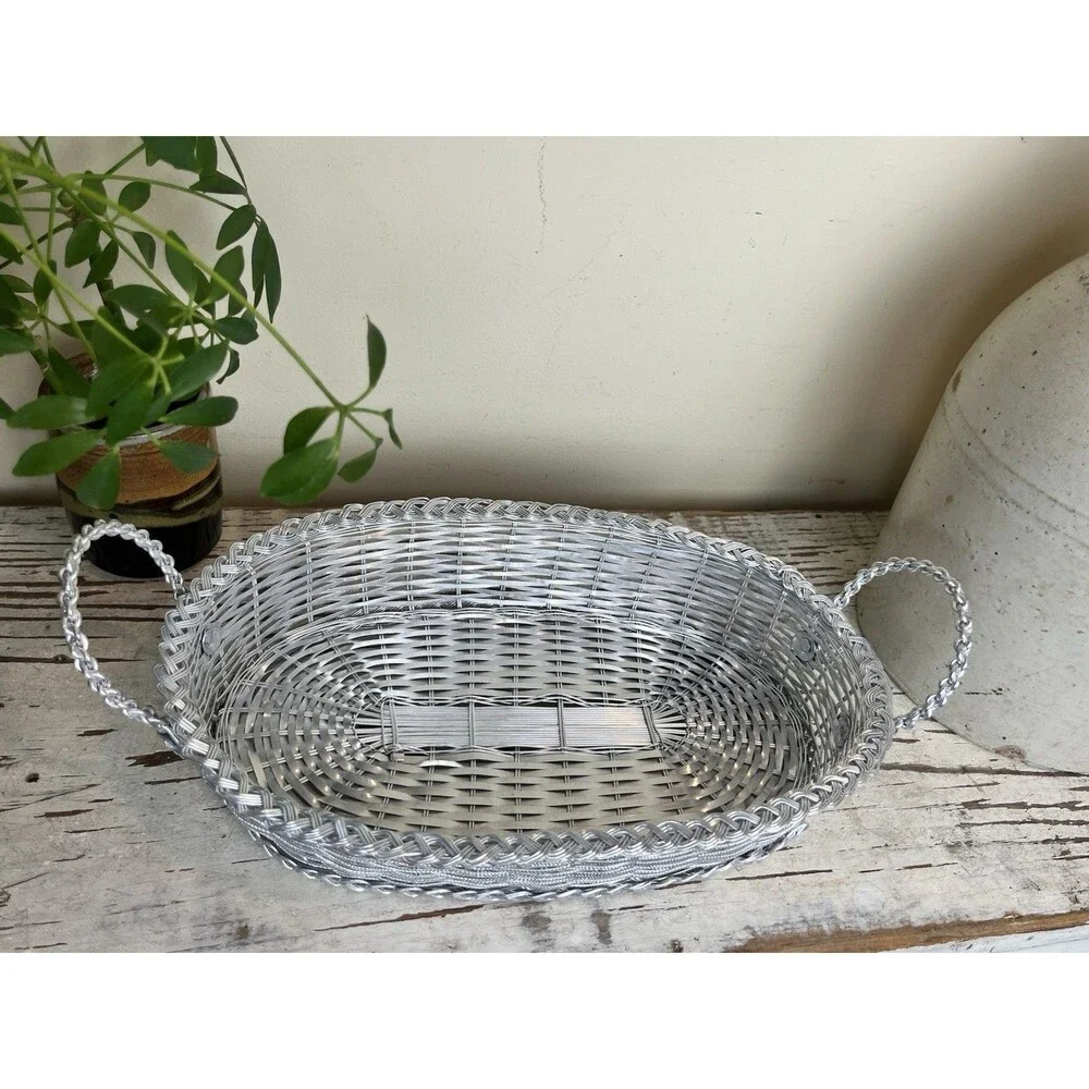 Vintage French Oval Metal Edge Woven Wire Bread Basket 14”x 8” Flower Details